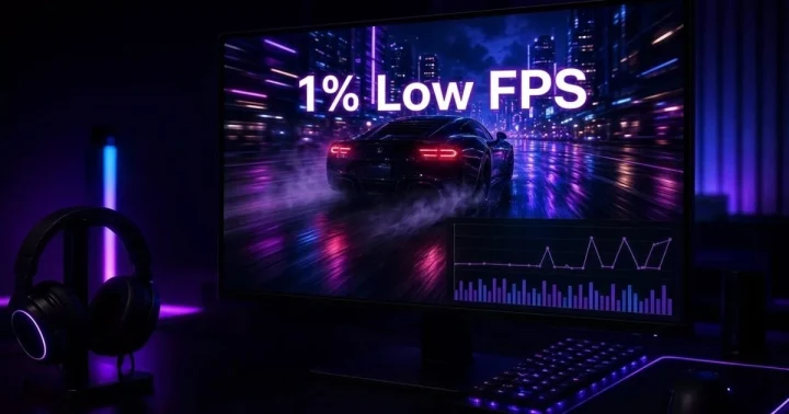 Mor ışıklarla aydınlatılmış oyun bilgisayarı ekranında 1% Low FPS yazısı ve performans grafikleri