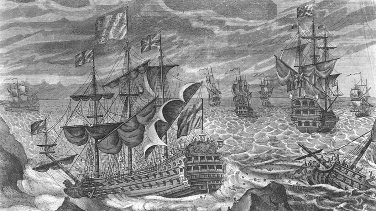 Yelkenli savaş gemilerinin bulunduğu tarihî deniz sahnesini gösteren siyah beyaz gravür