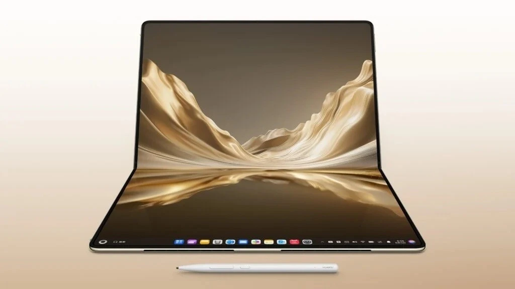 Geniş ekranı açık halde duran katlanabilir tablet ve önünde kalem