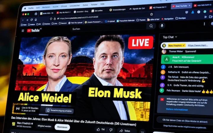 YouTube ekranında Alice Weidel ve Elon Musk’ın yer aldığı canlı yayın görüntüsü
