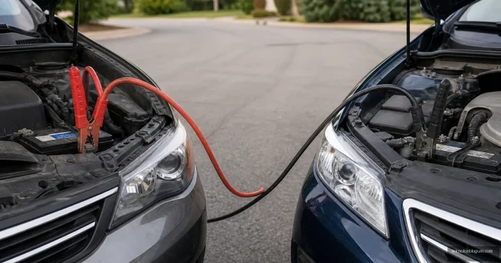 İki aracın motor bölümü arasında uzanan akü takviye kabloları