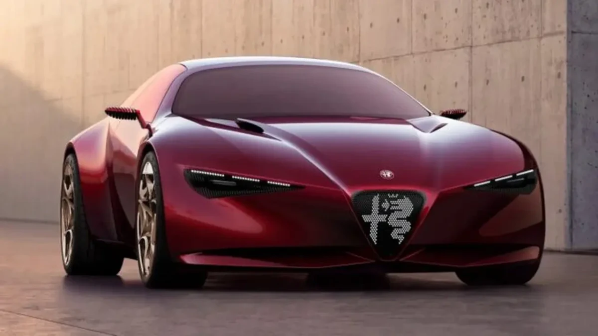 Kırmızı Alfa Romeo Cuorerosso konsept otomobilinin önden görünümü