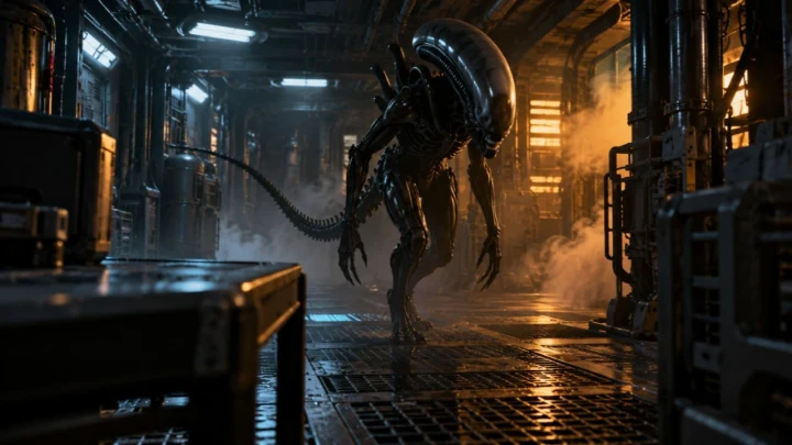 Alien: Isolation’ı çağrıştıran karanlık bir endüstriyel koridorda Xenomorph
