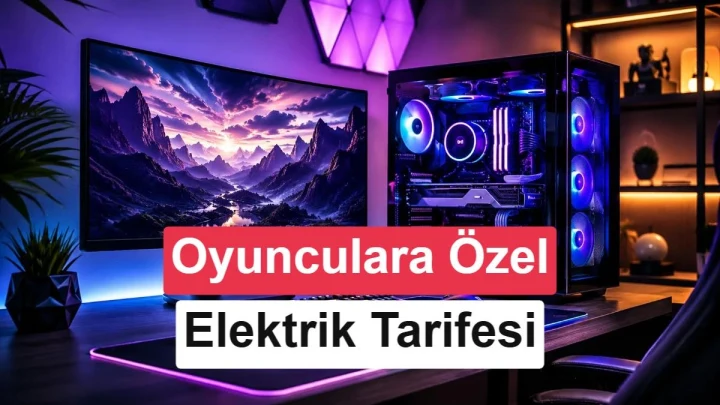 Oyun bilgisayarı ve monitörün üzerinde oyunculara özel elektrik tarifesi yazısı