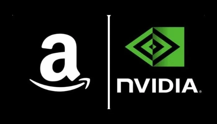 Amazon ve Nvidia logoları siyah arka plan üzerinde yan yana