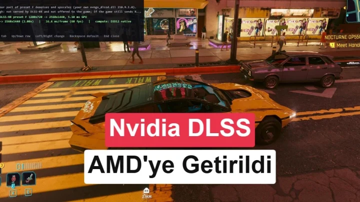 Cyberpunk 2077’de AMD ekran kartına DLSS teknolojilerini getiren modun test edildiğini anlatan görsel