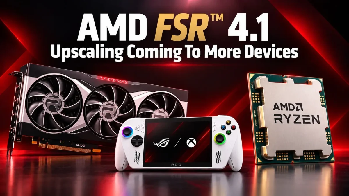 AMD FSR 4.1 tanıtım görselinde Radeon ekran kartı, el konsolu ve Ryzen işlemci
