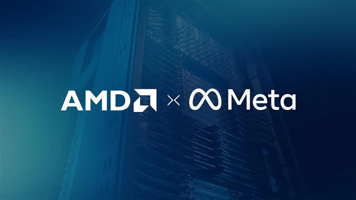 AMD ve Meta logoları, veri merkezi raf sistemlerinin önünde