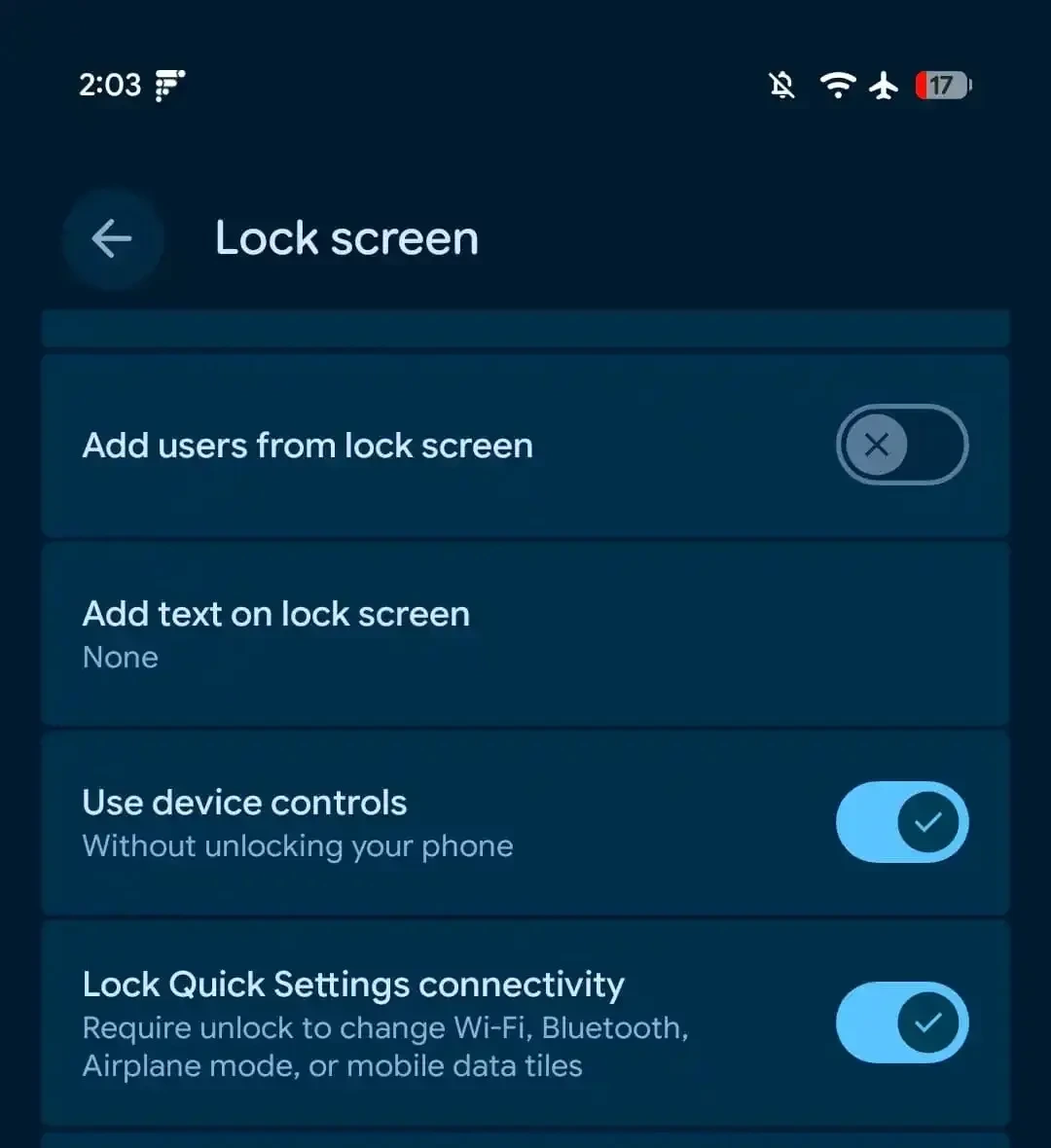 Android kilit ekranı ayarlarında hızlı ayarlar bağlantılarını kilitleme seçeneği