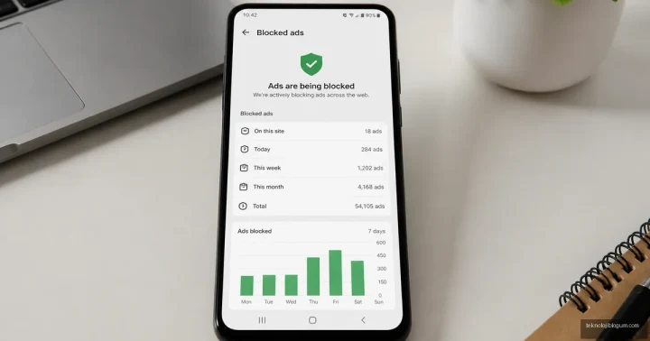 Reklamların engellendiğini gösteren ekrana sahip akıllı telefon