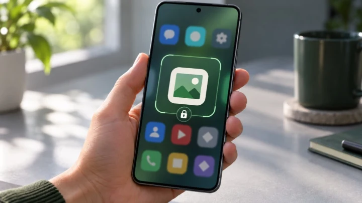 Ekranında kilit simgesiyle bir uygulama görseli bulunan akıllı telefonu tutan el