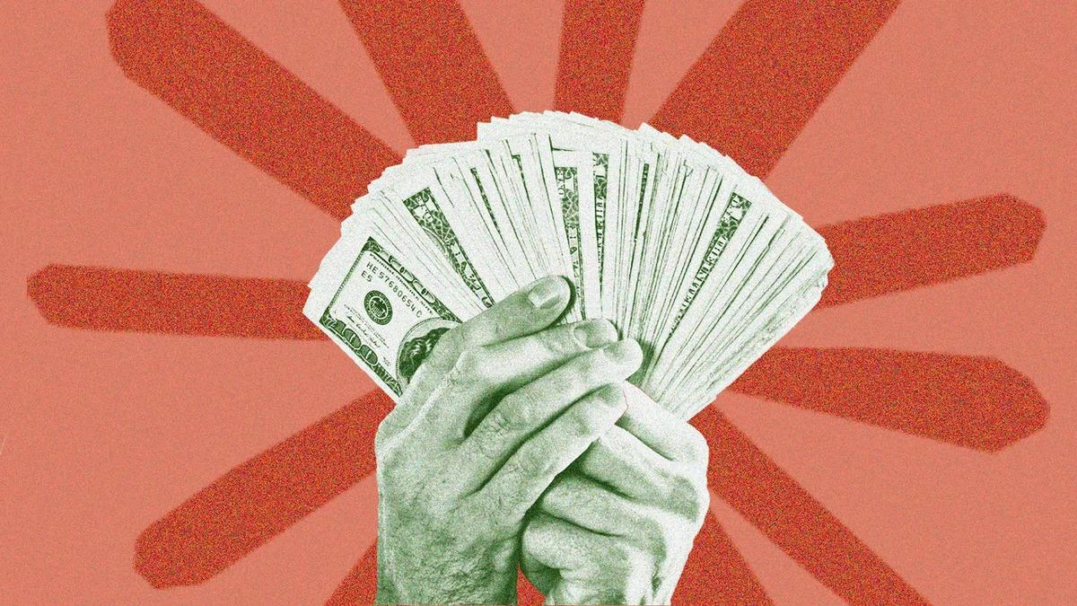 Turuncu zemin önünde banknot yelpazesi tutan ellerin illüstrasyonu
