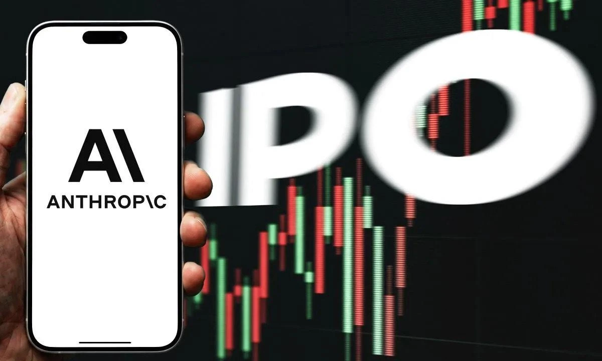 Anthropic logosunun yer aldığı telefon ve arka planda halka arzı simgeleyen IPO yazısı