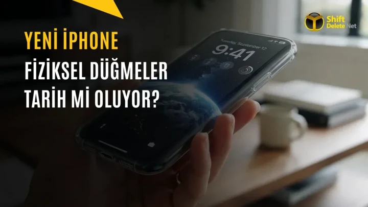 Bir kişinin elinde tuttuğu iPhone konsept görseli; görsel üzerindeki yazıda yeni iPhone’da fiziksel düğmelerin tarih olup olmayacağı soruluyor.