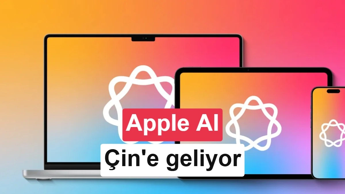 Apple Intelligence logosu bir iPhone ekranında, arka planda Apple logosu