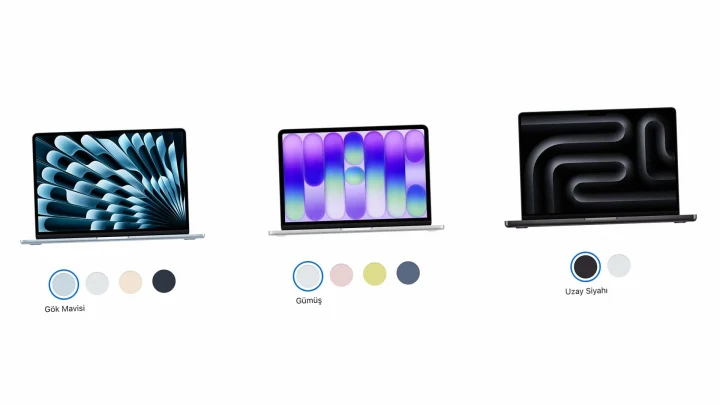 Apple Mac dizüstü bilgisayar modellerinin farklı renk seçenekleriyle ürün görselleri