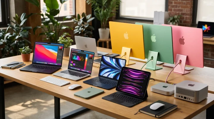 Masa üzerinde MacBook dizüstü bilgisayarlar, iMac modelleri ve Mac mini bilgisayarlar