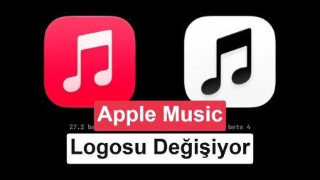 Apple Music’in pembe-kırmızı ve siyah-beyaz uygulama simgeleri yan yana