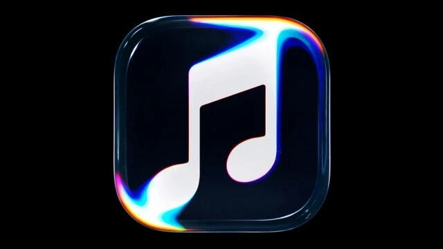 Renkli yansımalarla çevrelenmiş koyu zemin üzerinde beyaz Apple Music nota simgesi