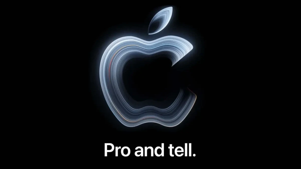 Siyah zemin üzerinde Apple logosu ve “Pro and tell.” yazısı