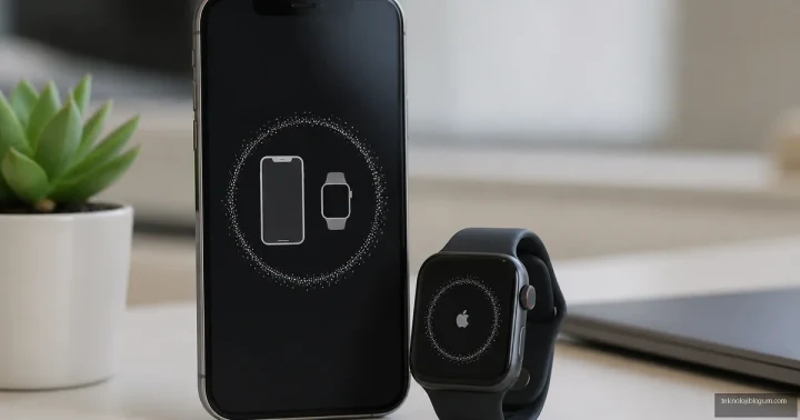 Ekranında eşleştirme simgesi bulunan iPhone’un yanında duran Apple Watch