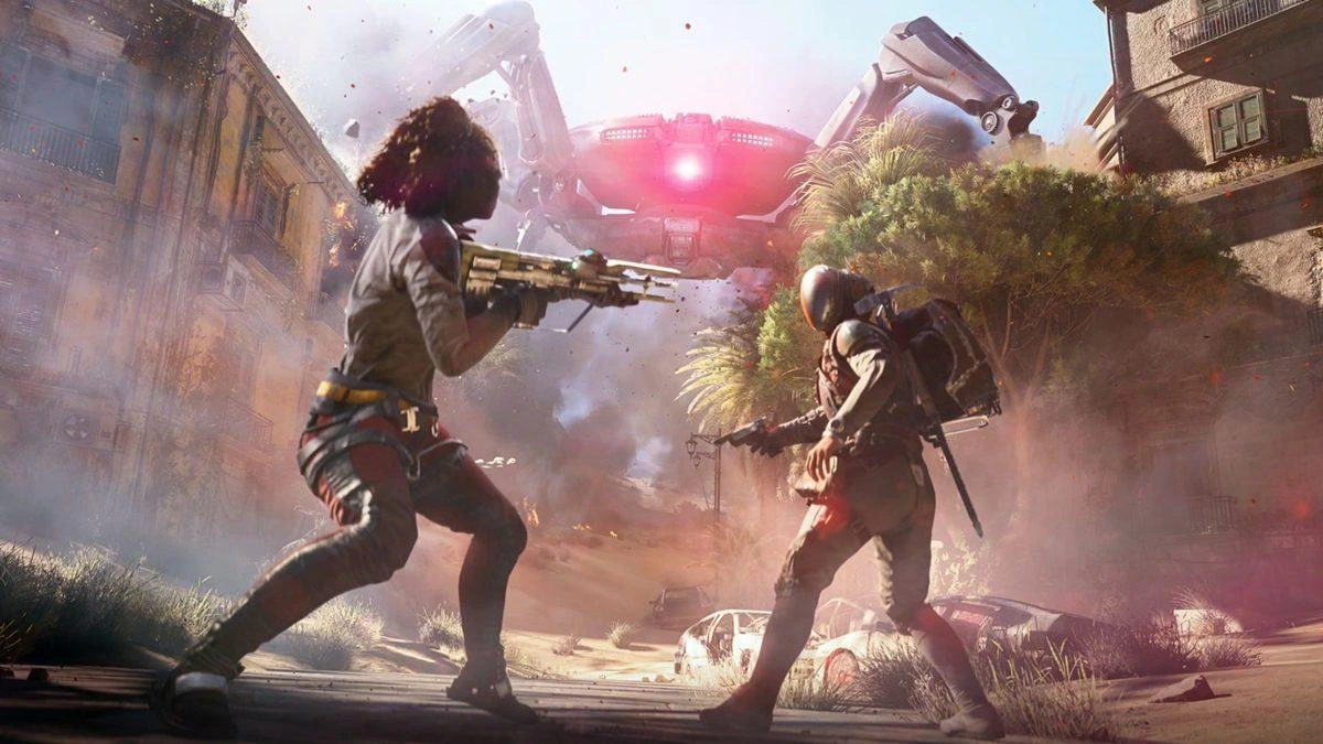 Arc Raiders’ta iki karakter silahlarıyla karşı karşıya, arkalarında büyük bir makine görülüyor