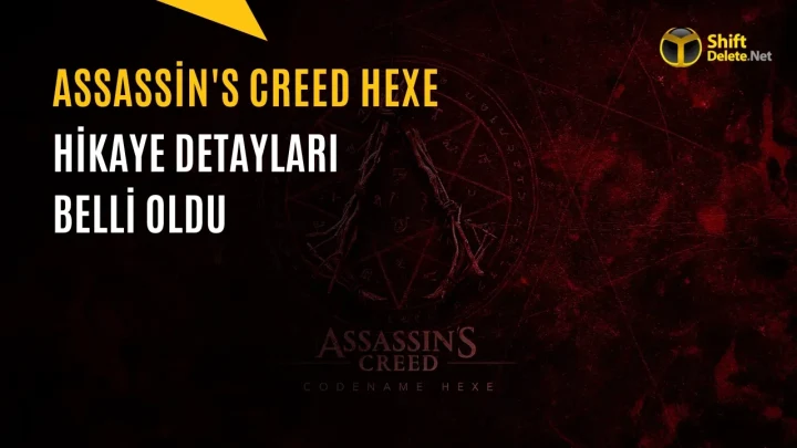 Assassin’s Creed Hexe için karanlık kırmızı tonlarda hazırlanmış tanıtım görseli; üzerinde hikâye detaylarının belli olduğu yazıyor