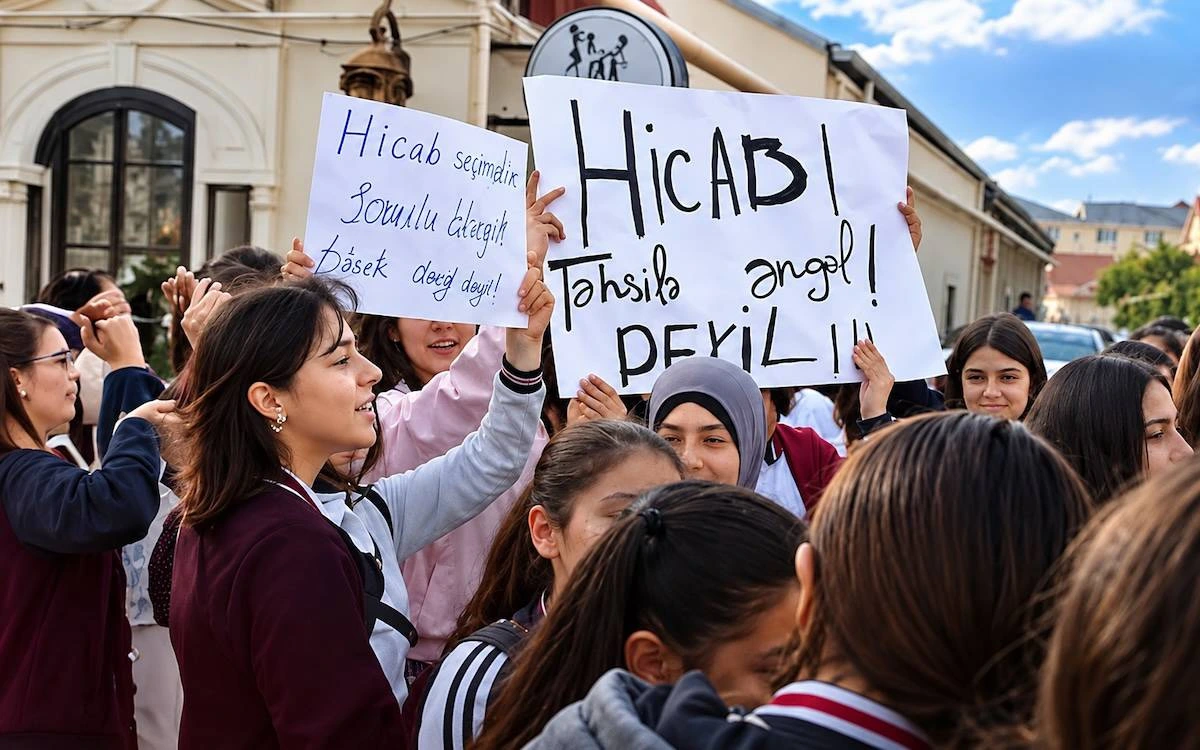 Azerbaycan’da başörtüsü yasağına karşı protesto sırasında öğrenciler başörtüsüne destek veren pankartlar taşıyor.