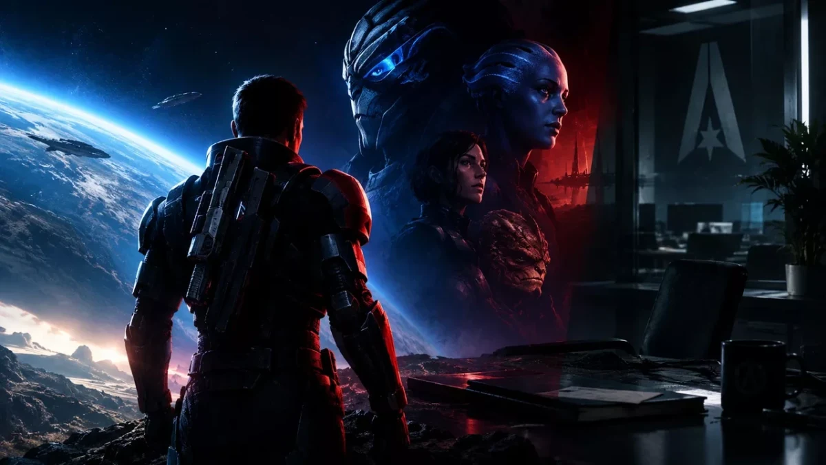 Uzay manzarası önünde duran bir karakter ve Mass Effect evreninden figürlerin yer aldığı görsel