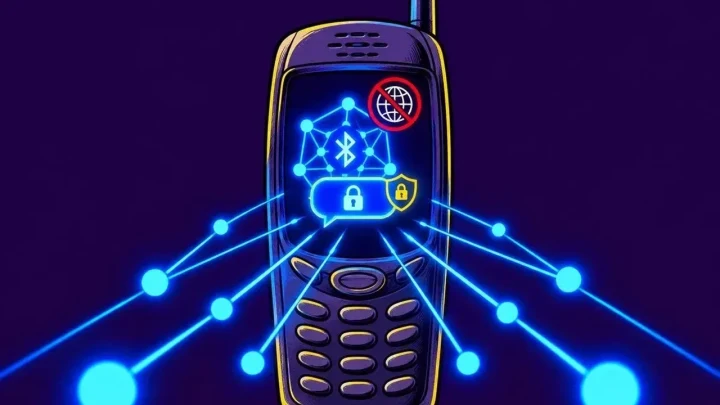 Bluetooth bağlantılarını simgeleyen ışıklı çizgilerle çevrili, ağ ve kilit simgeleri bulunan eski model bir cep telefonu illüstrasyonu