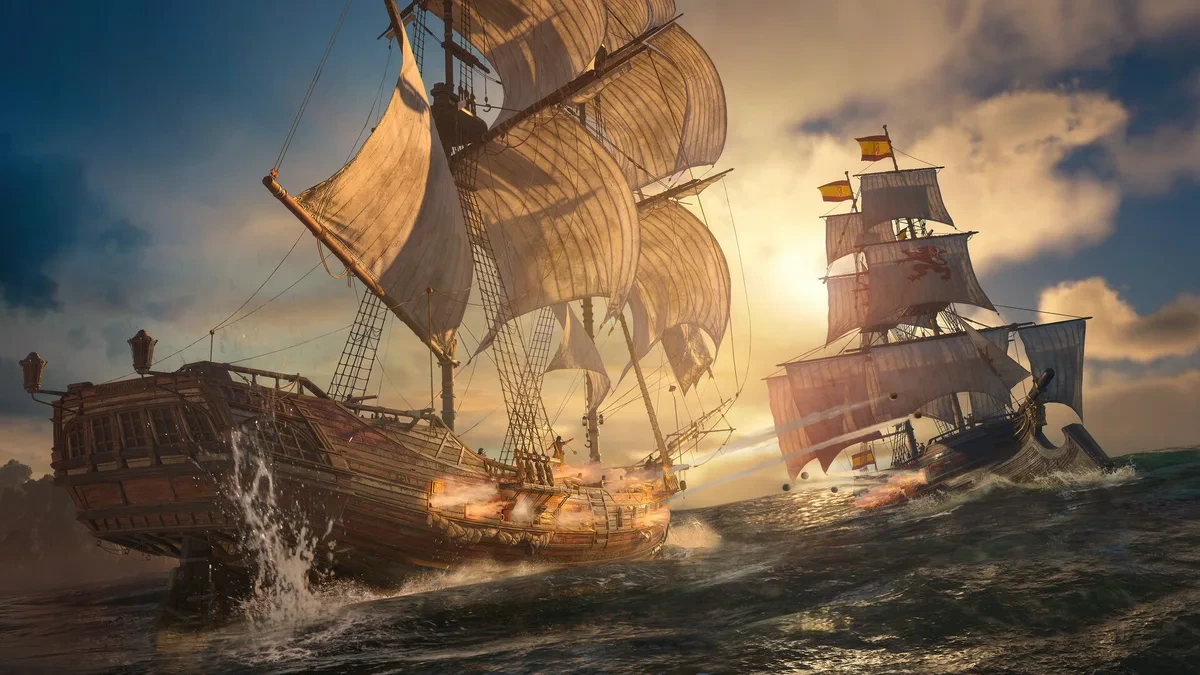 Assassin’s Creed Black Flag Resynced’de dalgalı denizde top atışları yapan yelkenli gemiler