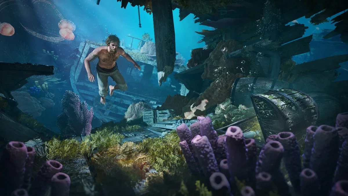 Assassin’s Creed Black Flag Resynced’de batık gemi enkazı çevresinde yüzen karakter