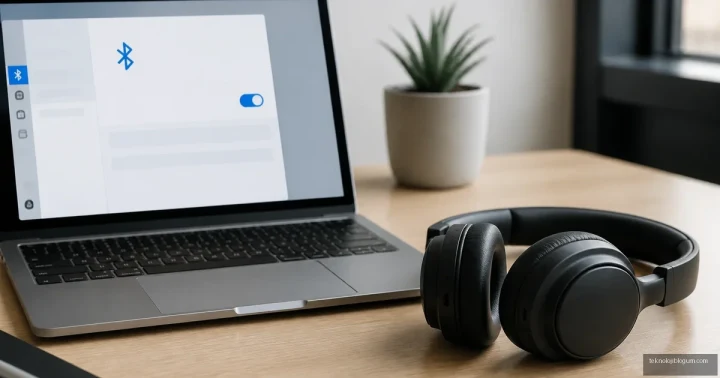 Bluetooth ayarları açık bir dizüstü bilgisayarın yanında duran kablosuz kulaklık