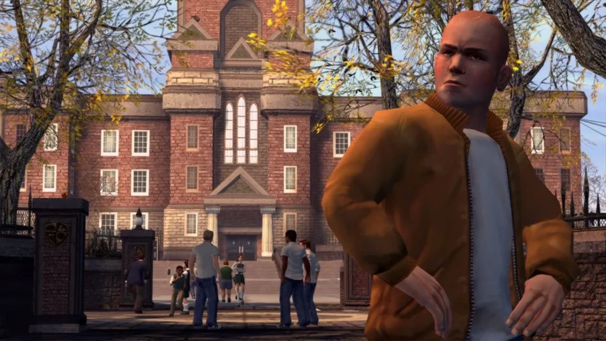Bully’de okul binasının önünde duran Jimmy Hopkins