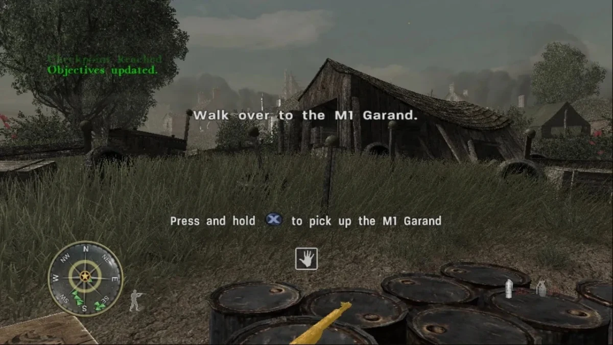 Call of Duty 3’te kırsal bir alanda M1 Garand tüfeğine yönlendiren oyun içi görev ekranı