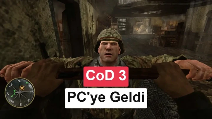 Call of Duty 3 oyunundan bir sahnede asker ve ekranda PC’ye geldi yazısı