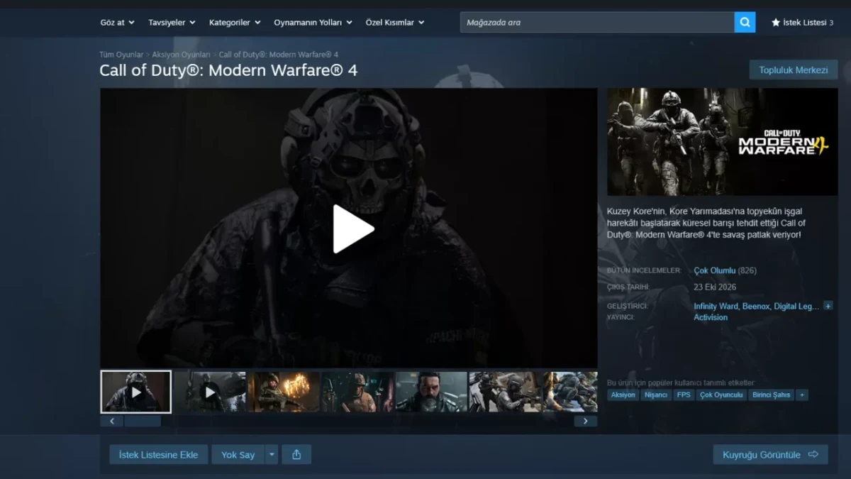 Call of Duty: Modern Warfare 4 sayfasında oyun fragmanı ve video küçük görselleri