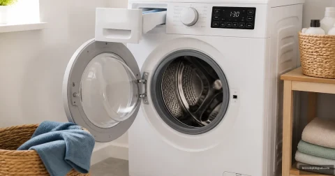 Kapağı ve deterjan çekmecesi açık beyaz önden yüklemeli çamaşır makinesi