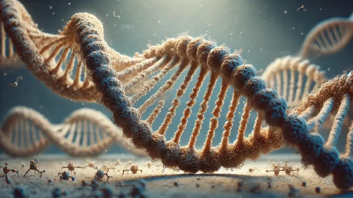 Dijital bir ortamda yükselen DNA çift sarmalı ve devre kartları