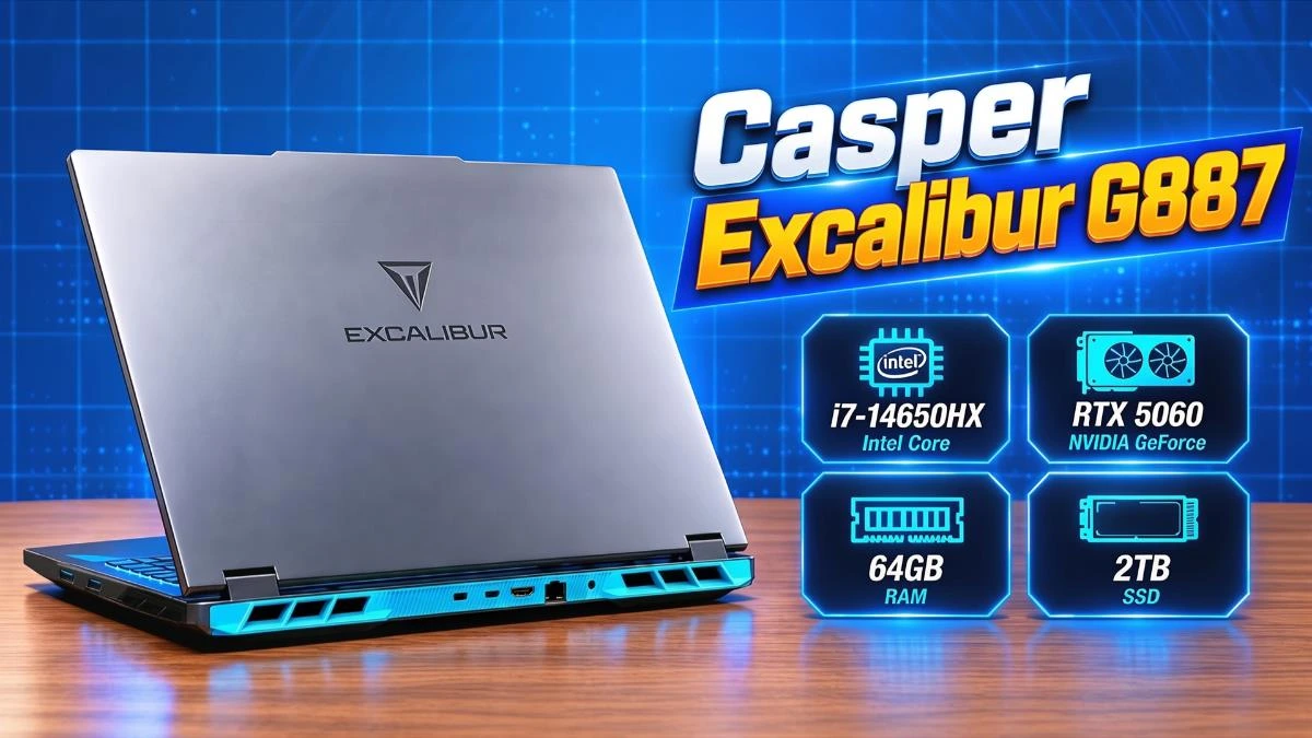 Casper Excalibur G887 dizüstü bilgisayar ve modelin işlemci, ekran kartı, bellek ve depolama bilgilerini gösteren tanıtım görseli