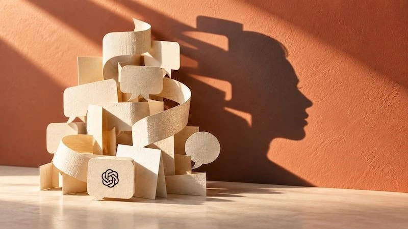 OpenAI simgeli ahşap blokların gölgesinin insan profili oluşturduğu görsel