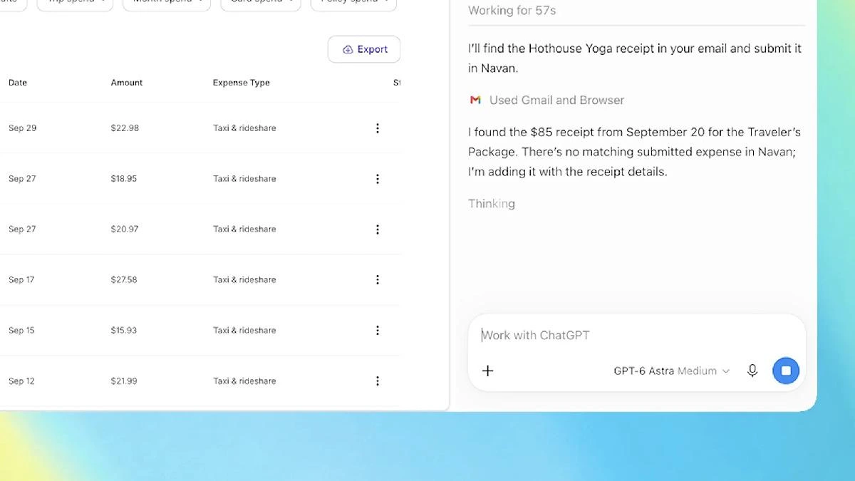 Chrome yan panelinde ChatGPT Work arayüzü ve harcama listesi