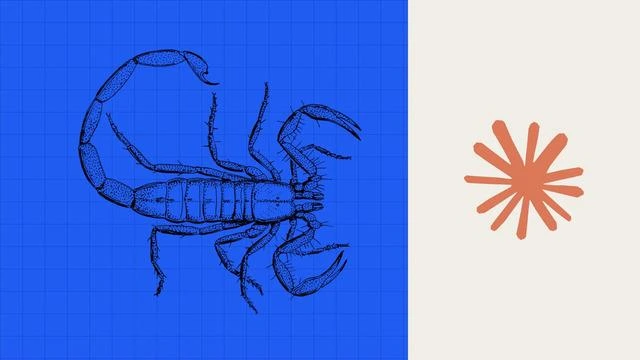 Mavi zemin üzerinde akrep çizimi ve Anthropic logosu