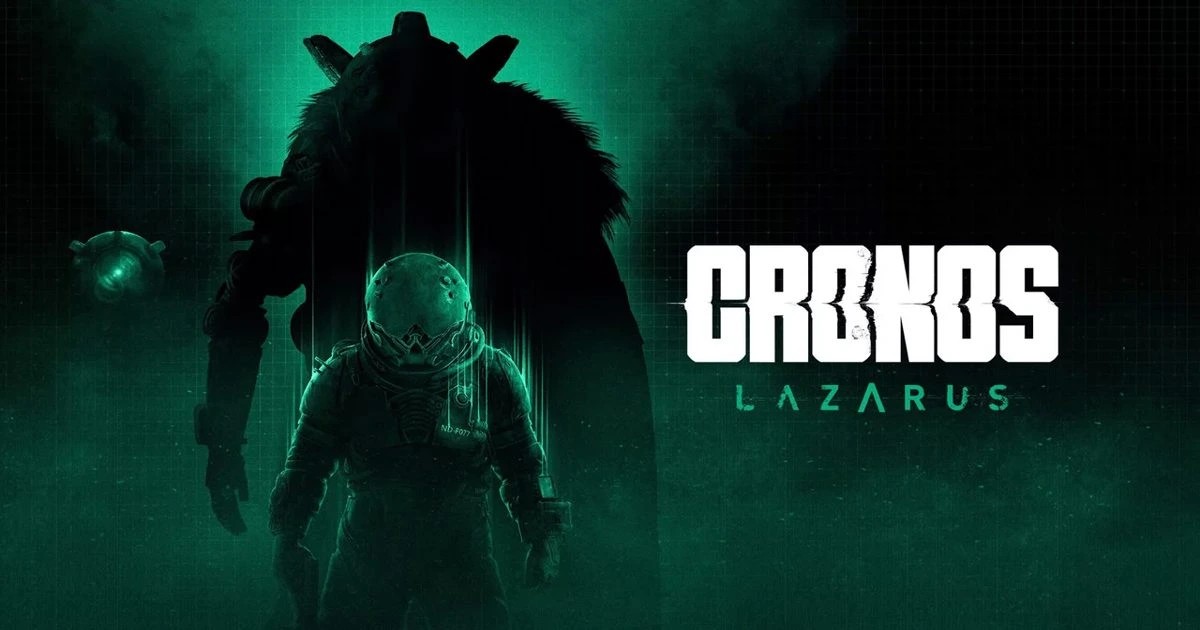 Cronos: Lazarus logosu önünde karanlık yeşil atmosferde görünen zırhlı karakter ve arka plandaki siluet