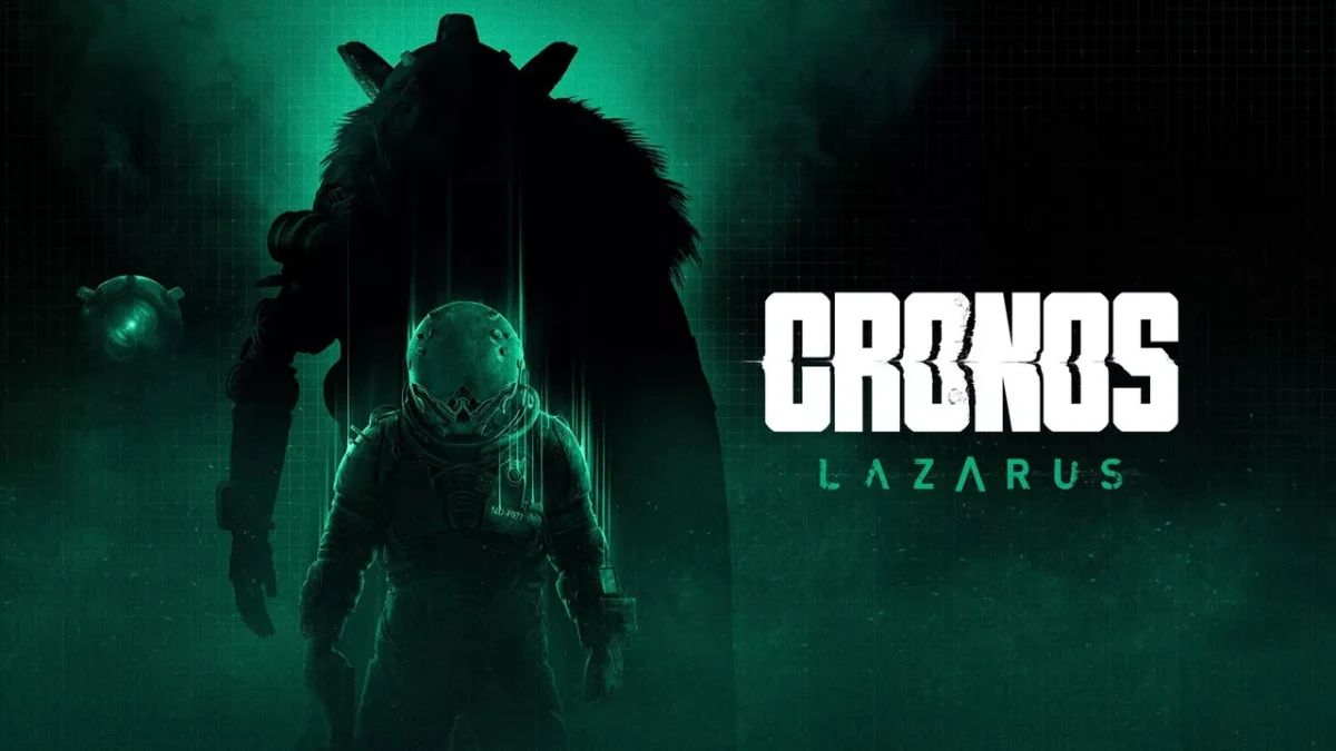 Yeşil tonlu karanlık bir sahnede önde zırhlı karakter, arkasında büyük bir siluet ve Cronos: Lazarus logosu