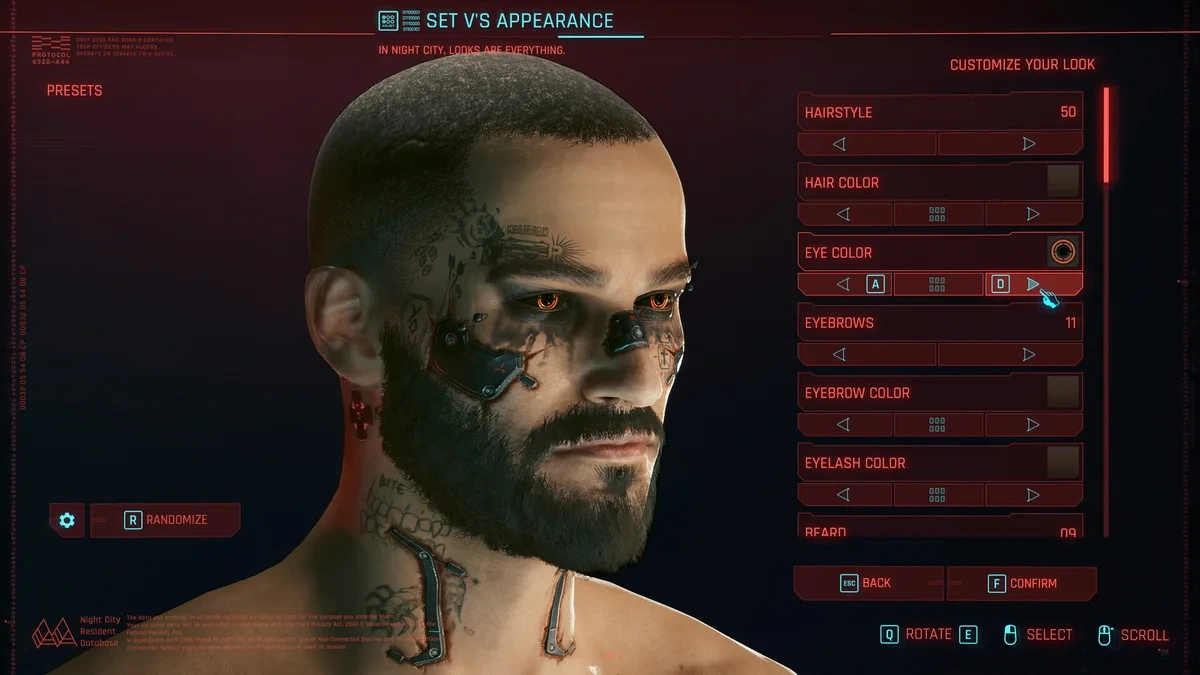 Cyberpunk 2077 karakter oluşturma ekranında görünüm seçenekleri