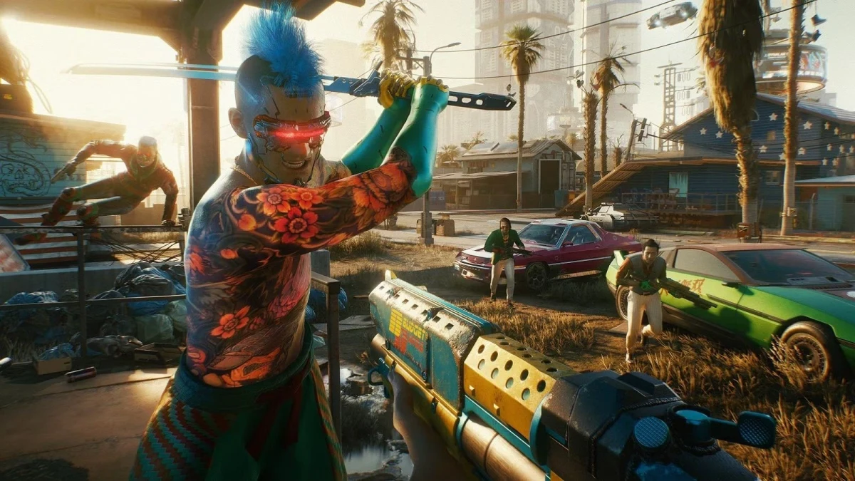 Cyberpunk 2077’de mavi saçlı bir karakterin silah tuttuğu oyun içi sahne