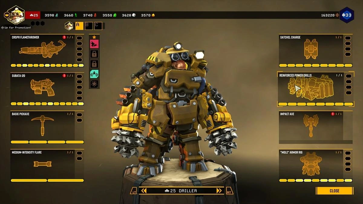 Deep Rock Galactic’te Driller sınıfı karakterinin ekipman ekranı