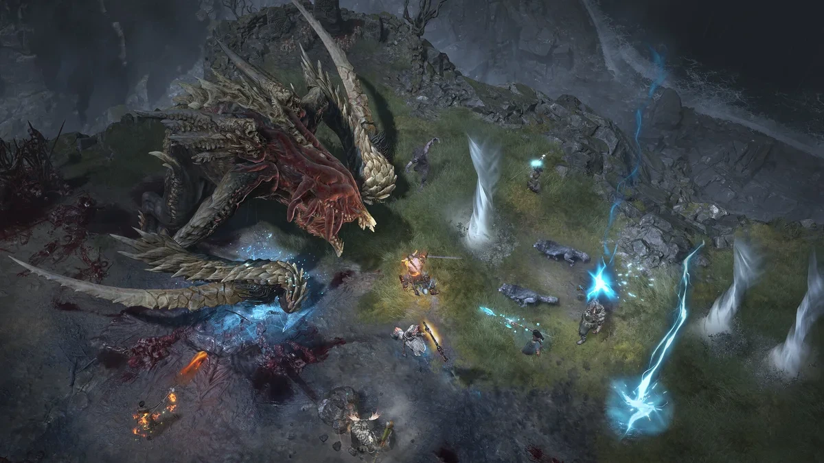 Diablo IV’te karakterlerin büyük bir canavarla mücadele ettiği oynanış sahnesi