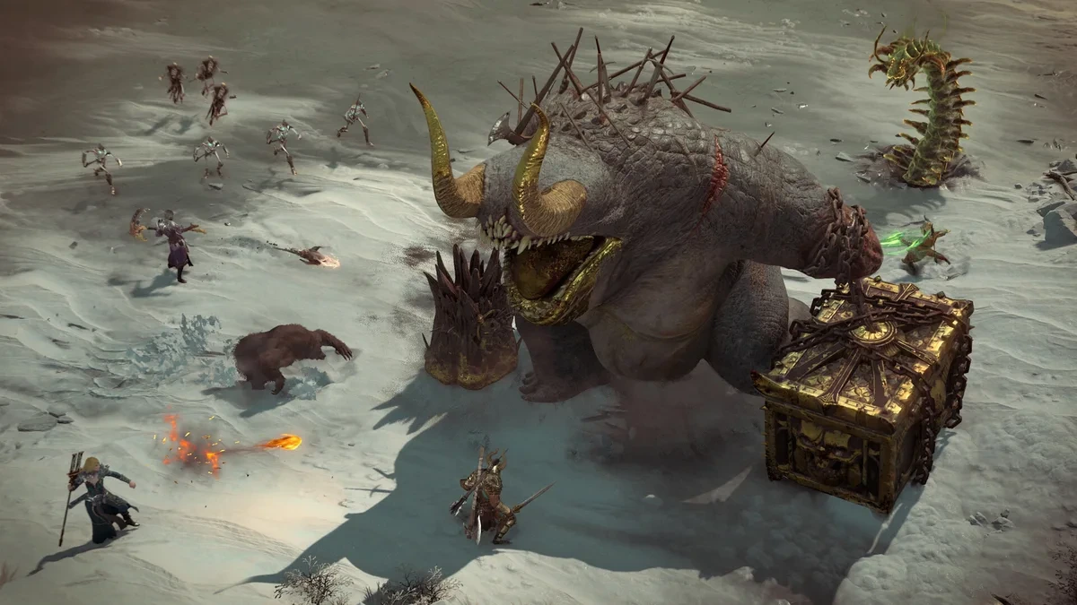 Diablo IV oyununda büyük bir canavarla karşılaşan karakterler